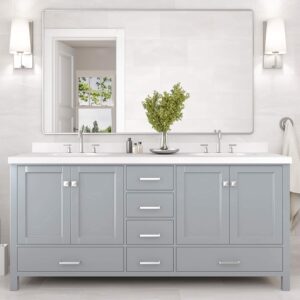 ariel double bathroom vanity 73" grey with 1.5" edge pure white quartz countertop & splash, rectangular sinks, 4 soft closing doors, 6 full extension dovetail drawers, brushed nickel