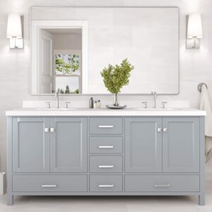 ARIEL Double Bathroom Vanity 73" Grey with 1.5" Edge Pure White Quartz Countertop & Splash, Rectangular Sinks, 4 Soft Closing Doors, 6 Full Extension Dovetail Drawers, Brushed Nickel