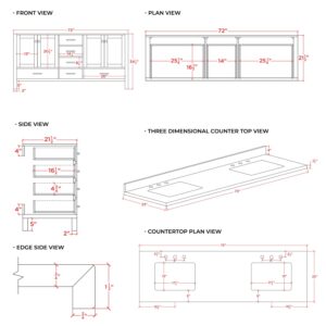 ARIEL Double Bathroom Vanity 73" Grey with 1.5" Edge Pure White Quartz Countertop & Splash, Rectangular Sinks, 4 Soft Closing Doors, 6 Full Extension Dovetail Drawers, Brushed Nickel