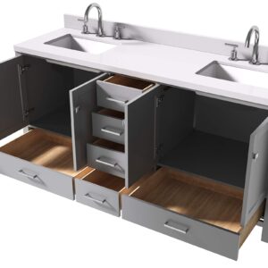 ARIEL Double Bathroom Vanity 73" Grey with 1.5" Edge Pure White Quartz Countertop & Splash, Rectangular Sinks, 4 Soft Closing Doors, 6 Full Extension Dovetail Drawers, Brushed Nickel