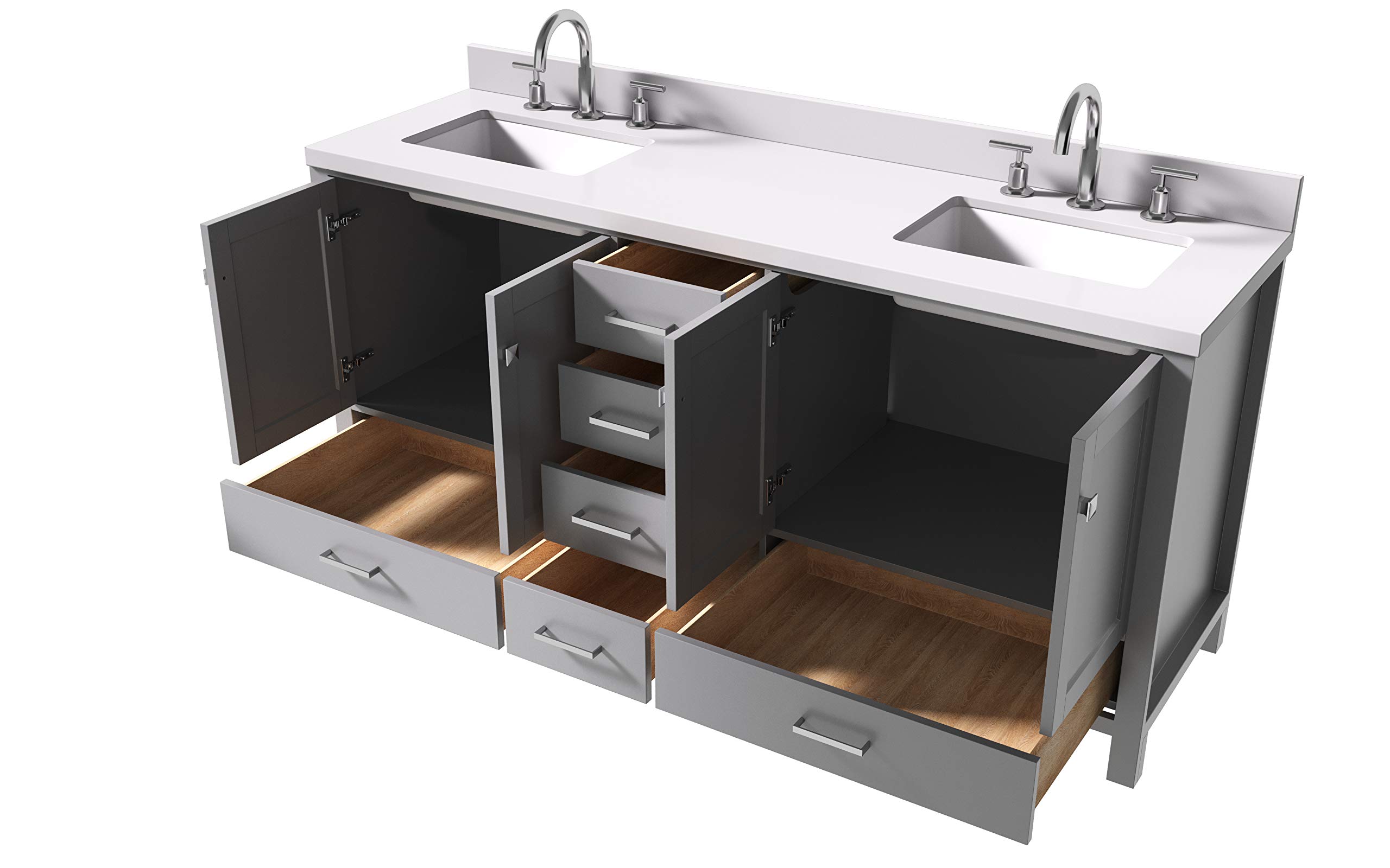 ARIEL Double Bathroom Vanity 73" Grey with 1.5" Edge Pure White Quartz Countertop & Splash, Rectangular Sinks, 4 Soft Closing Doors, 6 Full Extension Dovetail Drawers, Brushed Nickel