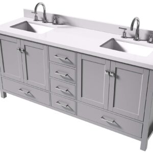 ARIEL Double Bathroom Vanity 73" Grey with 1.5" Edge Pure White Quartz Countertop & Splash, Rectangular Sinks, 4 Soft Closing Doors, 6 Full Extension Dovetail Drawers, Brushed Nickel
