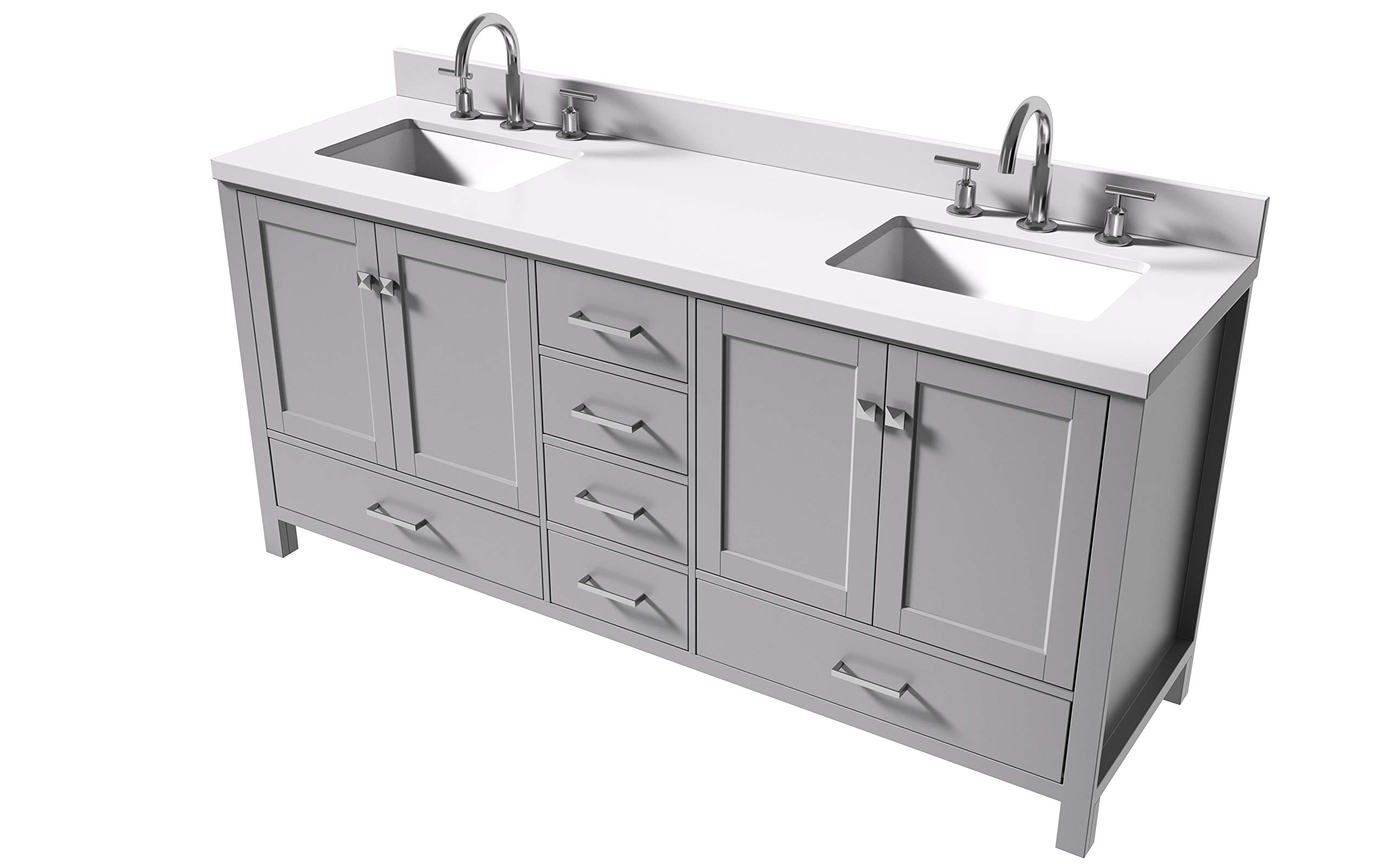 ARIEL Double Bathroom Vanity 73" Grey with 1.5" Edge Pure White Quartz Countertop & Splash, Rectangular Sinks, 4 Soft Closing Doors, 6 Full Extension Dovetail Drawers, Brushed Nickel