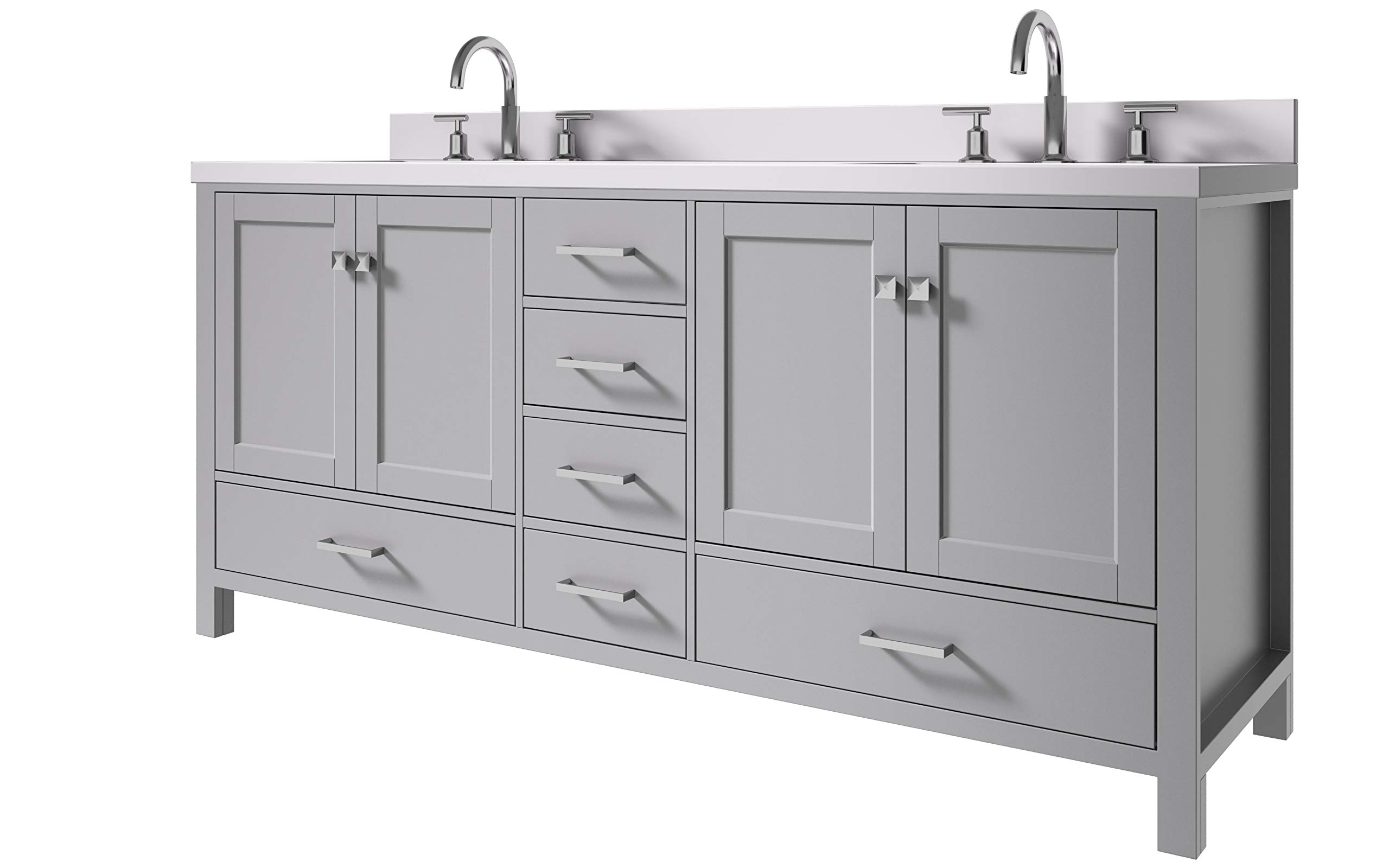 ARIEL Double Bathroom Vanity 73" Grey with 1.5" Edge Pure White Quartz Countertop & Splash, Rectangular Sinks, 4 Soft Closing Doors, 6 Full Extension Dovetail Drawers, Brushed Nickel