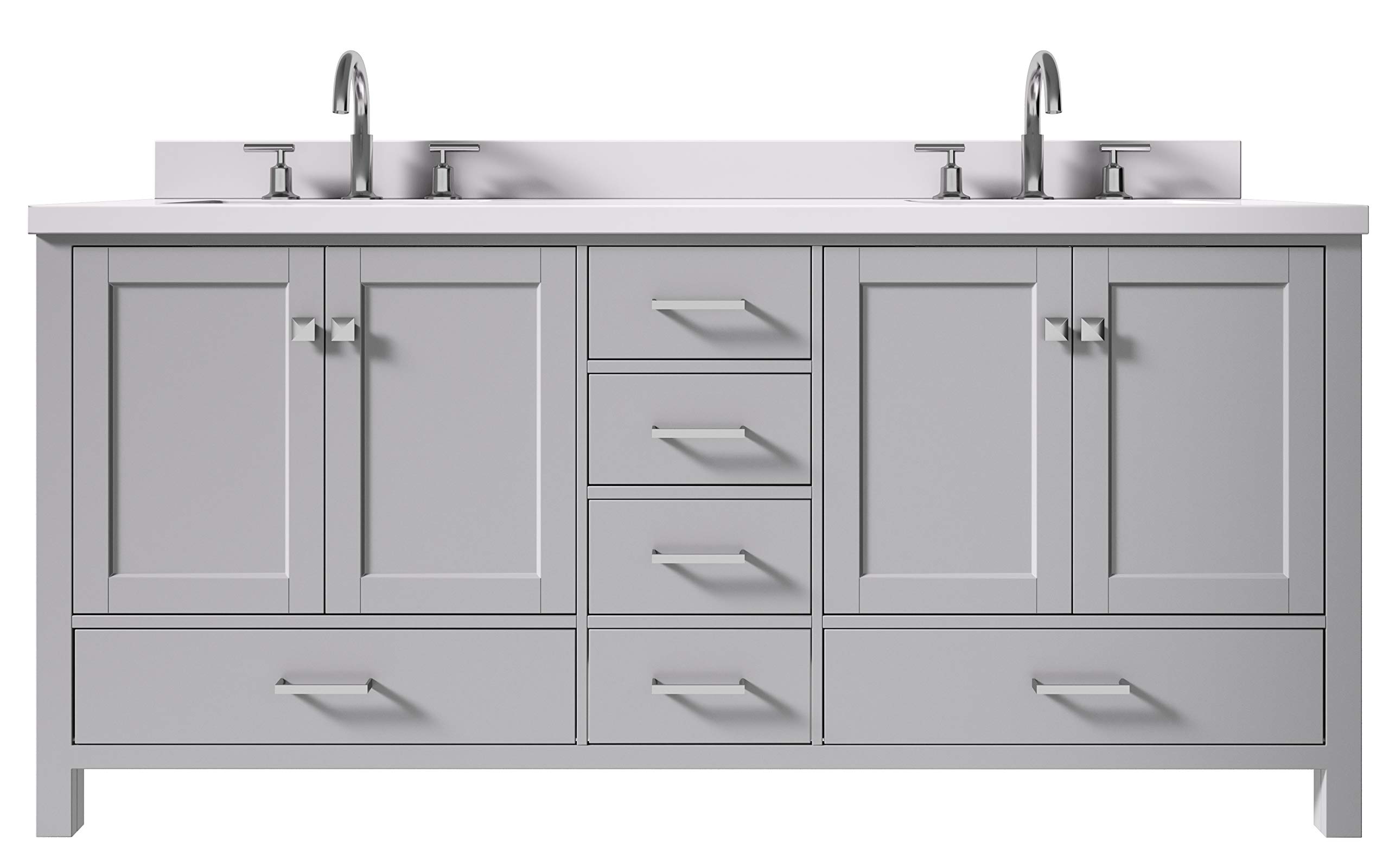 ARIEL Double Bathroom Vanity 73" Grey with 1.5" Edge Pure White Quartz Countertop & Splash, Rectangular Sinks, 4 Soft Closing Doors, 6 Full Extension Dovetail Drawers, Brushed Nickel