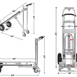 Vergo Industrial AS7A2 Aluminum Convertible Hand Truck Dolly Cart with Loop Handle 700 lbs Capacity (3 Positions, 53" High)