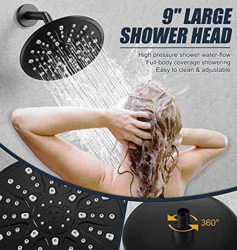 EMBATHER Shower System with Valve, 9-Inch Tub and Shower Faucet Set (Rough-in Valve Included) with 9'' Large Rain Shower Head and Tub Spout, Single-Handle Tub and Shower Trim Kit, Matte Black