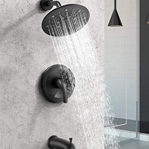 EMBATHER Shower System with Valve, 9-Inch Tub and Shower Faucet Set (Rough-in Valve Included) with 9'' Large Rain Shower Head and Tub Spout, Single-Handle Tub and Shower Trim Kit, Matte Black