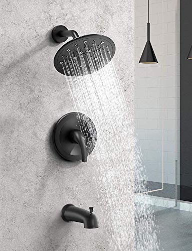 EMBATHER Shower System with Valve, 9-Inch Tub and Shower Faucet Set (Rough-in Valve Included) with 9'' Large Rain Shower Head and Tub Spout, Single-Handle Tub and Shower Trim Kit, Matte Black