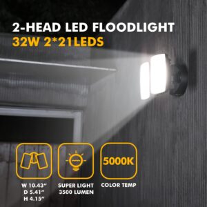 LUTEC LED 3500 Lumen 32W 5000K Integrated Dual-Head Floodlight Outdoor Dusk to Dawn Waterproof Exterior Security Wall Light for Patio Garden Yard