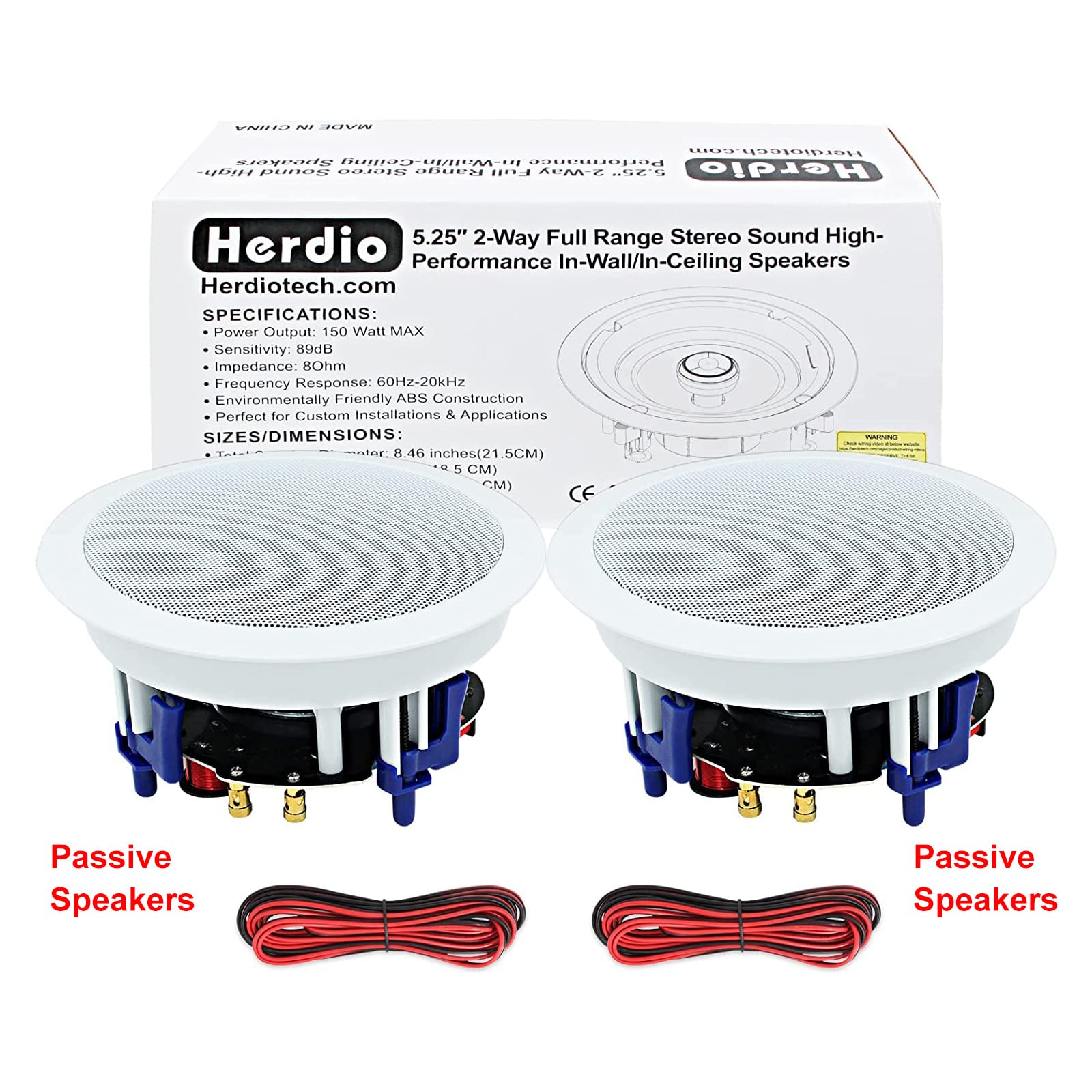Herdio 5.25 Inch 300 Watts Ceiling Speakers Passive Wired, Premium Spring Loaded in Wall Speaker, for Home Theater Living Room Office(2 Speakers)
