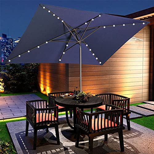 Aok Garden 10ft Patio Umbrella with Solar Lights - 30 LED Rectangular Tilt Umbrella Aluminum Pole, 6-8 Chairs Outdoor Rectangle Umbrella for Lawn Backyard, Deck, Pool and Beach, Navy Blue