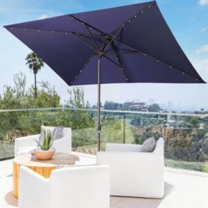 Aok Garden 10ft Patio Umbrella with Solar Lights - 30 LED Rectangular Tilt Umbrella Aluminum Pole, 6-8 Chairs Outdoor Rectangle Umbrella for Lawn Backyard, Deck, Pool and Beach, Navy Blue