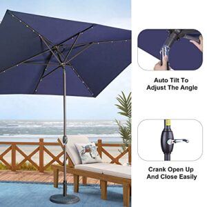 Aok Garden 10ft Patio Umbrella with Solar Lights - 30 LED Rectangular Tilt Umbrella Aluminum Pole, 6-8 Chairs Outdoor Rectangle Umbrella for Lawn Backyard, Deck, Pool and Beach, Navy Blue