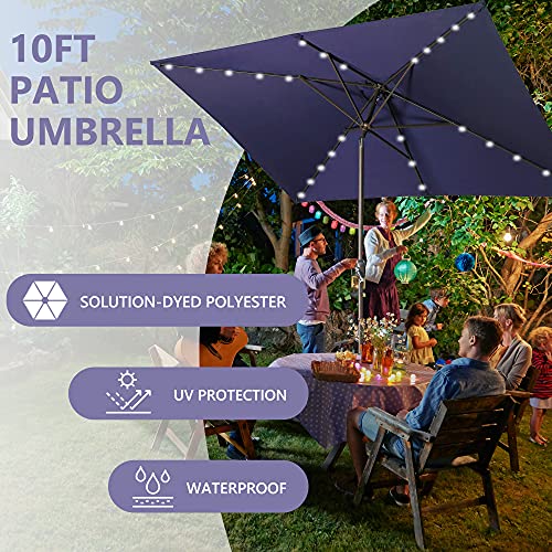 Aok Garden 10ft Patio Umbrella with Solar Lights - 30 LED Rectangular Tilt Umbrella Aluminum Pole, 6-8 Chairs Outdoor Rectangle Umbrella for Lawn Backyard, Deck, Pool and Beach, Navy Blue