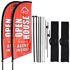 2 pack open house flags signs banners or real estate flags for real estate agents or realtors, with pole stake and carrying case