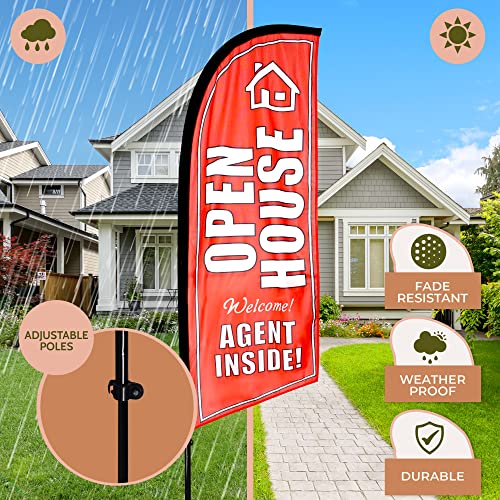 2 Pack Open House Flags Signs Banners or Real Estate Flags for Real Estate Agents or Realtors, with Pole Stake and Carrying Case