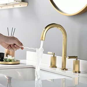 Phiestina Widespread Brushed Gold 8 Inch 2 Handles 3 Holes Hexagonal Widespread Bathroom Faucet, Bathroom Sink Faucet with Stainless Steel Metal Pop Up Drain,NS-WF001-6-BG