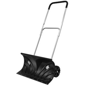 gymax snow shovel, rolling snow pusher for driveway, heavy duty snow plow shovel with 26” wide blade, built-in wheels & adjustable handle, wheeled ergonomic snow removal tools