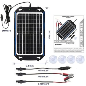 Waterproof 12V Solar Battery Charger & Maintainer Pro - Built-in Intelligent MPPT Charge Controller - 12W Solar Panel Trickle Charging Kit for Car, Marine, Motorcycle, RV, etc