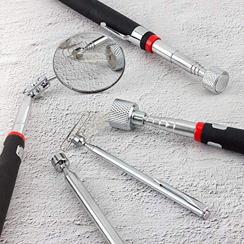 Yebazy 5 Pieces Magnetic Telescoping Pick-up Tool Kit with 1 lb/ 15 lb Pick-up Rod, Telescoping Handle 360 Swivel Round Inspection Mirror for Extra Viewing Pickup Dead Angle