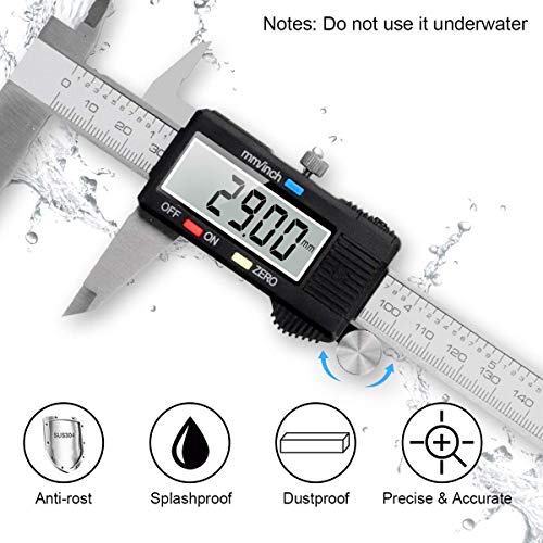 Caliper Measuring Tool, Qfun Vernier Digital Caliper Stainless Steel 6 Inch/150mm, Digital Micrometer Waterproof, Easy Switch from Inch to Millimeter, Large LCD Screen