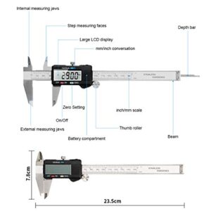 Caliper Measuring Tool, Qfun Vernier Digital Caliper Stainless Steel 6 Inch/150mm, Digital Micrometer Waterproof, Easy Switch from Inch to Millimeter, Large LCD Screen