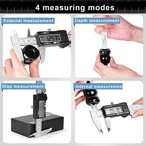 Caliper Measuring Tool, Qfun Vernier Digital Caliper Stainless Steel 6 Inch/150mm, Digital Micrometer Waterproof, Easy Switch from Inch to Millimeter, Large LCD Screen