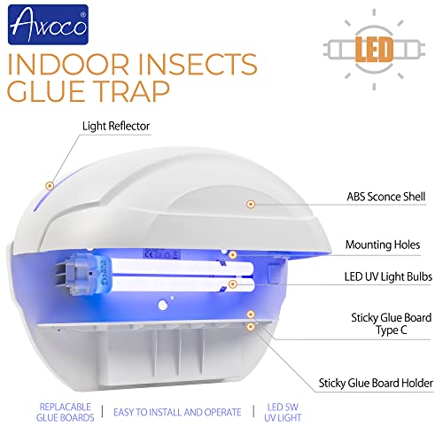 Awoco LED 5W Wall Mount Sconce Sticky Fly Trap Lamp for Capturing Flying Insects, Flies, Mosquitoes, and Moths (Fly Trap + 6 Glue Boards)