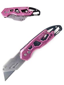 apollo tools foldable utility knife with lightweight steel construction, carabiner clip, quick blade change technology, lock feature. accommodates standard blades - pink ribbon - pink - dt5017p
