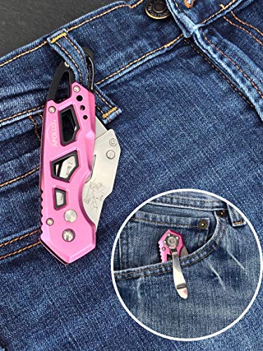 Apollo Tools Foldable Utility Knife with Lightweight Steel Construction, Carabiner Clip, Quick Blade Change Technology, Lock Feature. Accommodates Standard Blades - Pink Ribbon - Pink - DT5017P