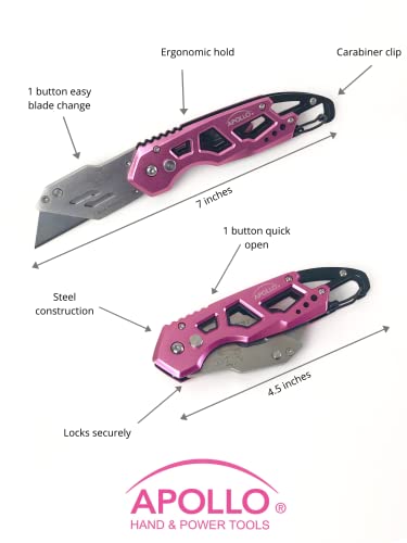 Apollo Tools Foldable Utility Knife with Lightweight Steel Construction, Carabiner Clip, Quick Blade Change Technology, Lock Feature. Accommodates Standard Blades - Pink Ribbon - Pink - DT5017P