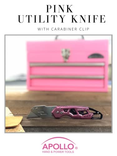 Apollo Tools Foldable Utility Knife with Lightweight Steel Construction, Carabiner Clip, Quick Blade Change Technology, Lock Feature. Accommodates Standard Blades - Pink Ribbon - Pink - DT5017P