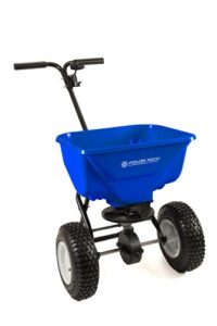 earthway polar tech 65 lb (29 kg) professional ice melt broadcast walk behind spreader with 13" pneumatic tires, adjustable handle, and solid linkage control