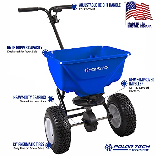 EarthWay Polar Tech 65 LB (29 KG) Professional Ice Melt Broadcast Walk Behind Spreader with 13" Pneumatic Tires, Adjustable Handle, and Solid Linkage Control