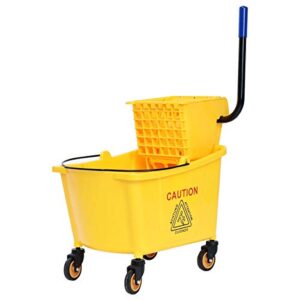 reuniong commercial mop bucket, household bucket with wringer, side press mop bucket with wheel and handle, side press wringer trolley with ergonomic rocker for easy water drain, yellow (34 quart)