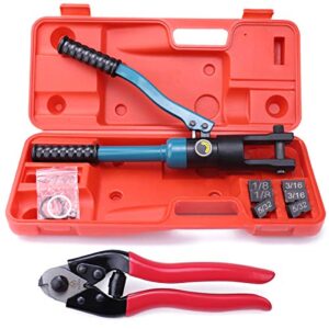 muzata 60kn upgraded custom hydraulic hand crimper tool for 1/8" 5/32" 3/16" stainless steel cable railing kit wire rope swaging 3pair dies with wire cable cutter ct01, ct1