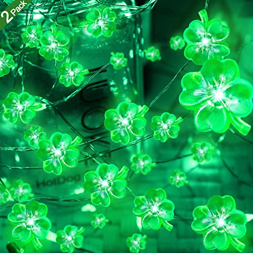 [ 2 Pack ] Green St. Patrick's Day String Lights, Total 28 Ft & 80 Led Battery Operated Waterproof Lucky Shamrocks Lights for St. Patrick's Day Decoration Irish Party Decor Wedding Anniversary Holiday