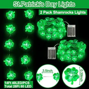 [ 2 Pack ] Green St. Patrick's Day String Lights, Total 28 Ft & 80 Led Battery Operated Waterproof Lucky Shamrocks Lights for St. Patrick's Day Decoration Irish Party Decor Wedding Anniversary Holiday