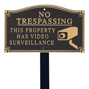 smartsign 5.75 x 9.5 inch “no trespassing - this property has video surveillance” gardenboss statement plaque with 18 inch lawn stake, 375 mil rustproof aluminum, black and gold, set of 1