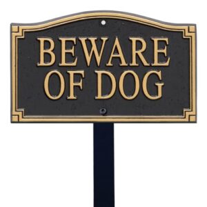 smartsign designer beware of dog plaque/marker/sign with stake 18" tall | 5.75" x 9.5" aluminum metal sign for yard/lawn, gold & black, alumi-shield coating