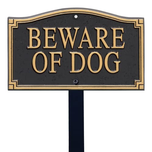 SmartSign Designer Beware of Dog Plaque/Marker/Sign with Stake 18" Tall | 5.75" x 9.5" Aluminum Metal Sign for Yard/Lawn, Gold & Black, Alumi-Shield Coating