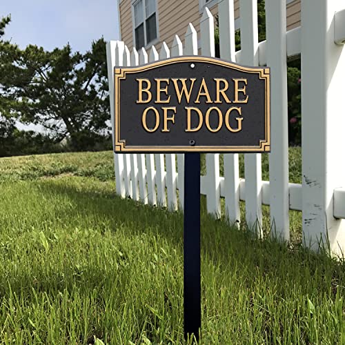 SmartSign Designer Beware of Dog Plaque/Marker/Sign with Stake 18" Tall | 5.75" x 9.5" Aluminum Metal Sign for Yard/Lawn, Gold & Black, Alumi-Shield Coating