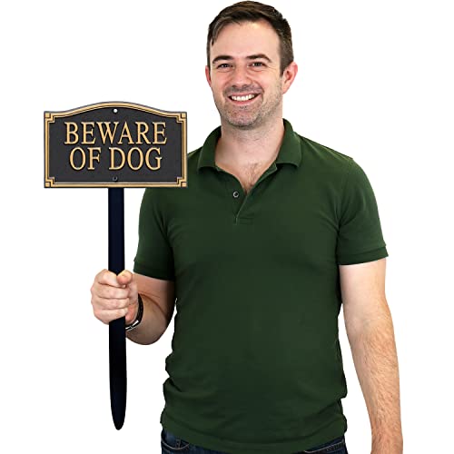 SmartSign Designer Beware of Dog Plaque/Marker/Sign with Stake 18" Tall | 5.75" x 9.5" Aluminum Metal Sign for Yard/Lawn, Gold & Black, Alumi-Shield Coating