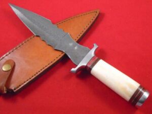 damascus steel custom handmade 13" camel bone handle damascus steel hunting knife with leather sheath
