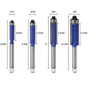 Meihejia 1/4 Inch Shank Template Pattern Flush Trim Router Bit Set (4 Sizes)