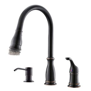 appaso 3 hole kitchen faucet with pull down sprayer oil rubbed bronze, 2-hole pull out kitchen sink faucet with side single handle and soap dispenser, 211orb