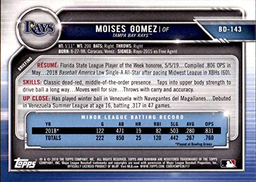 2019 Bowman Draft Baseball #BD-143 Moises Gomez Tampa Bay Rays Official MLB Trading Card produced by Topps