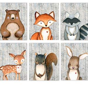Woodland Nursery Decor for Boys - Animal Pictures Wall Art - Baby Room Prints - Bear Deer Fox Raccoon Rabbit Squirrel - SET OF 6-8x10 - UNFRAMED
