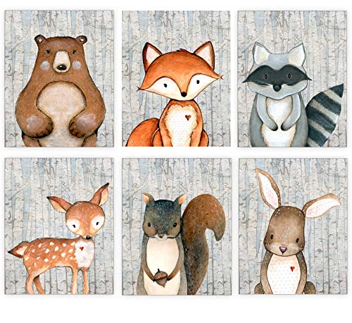 Woodland Nursery Decor for Boys - Animal Pictures Wall Art - Baby Room Prints - Bear Deer Fox Raccoon Rabbit Squirrel - SET OF 6-8x10 - UNFRAMED